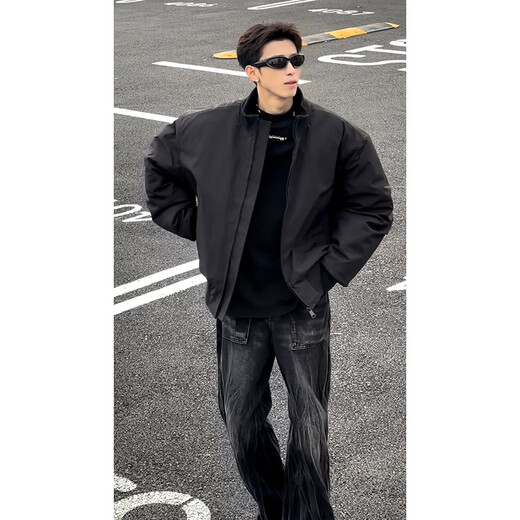 Star Reaching Boys Three-piece Flight Jacket Cotton Jacket Men's Winter Thickened American Cotton Jacket Work Wear Short Suit Baseball Uniform Black Cotton Jacket + Pure Black Long T + Black Jeans XL