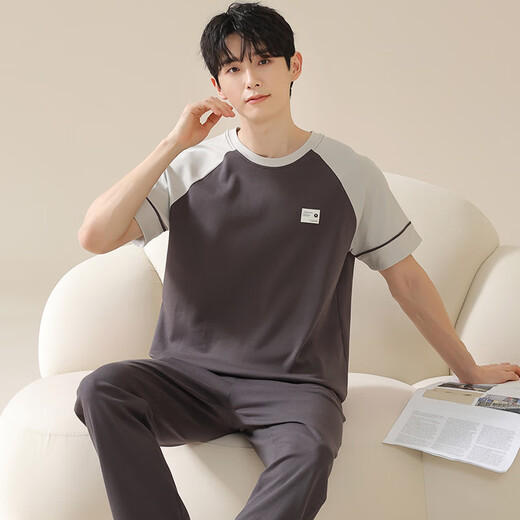 
Modal 100% cotton pajamas for men in summer pure cotton short-sleeved trousers round neck casual can be worn outside home clothing two-piece suit NSN13603 XL