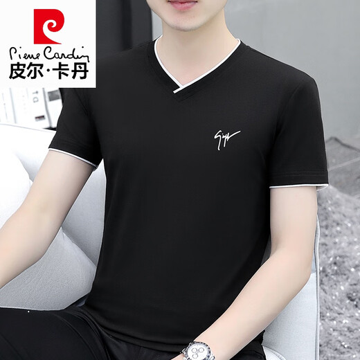 皮尔卡丹（pierre cardin）夏季高端男士短袖t恤v领纯棉半袖鸡心领体恤潮流修身上衣薄款男装 浅灰色 YD7029 M