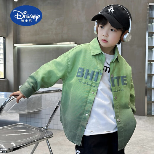 Disney boys gradient jacket spring and autumn 2025 new children's autumn shirt pure cotton medium and large children's shirt thin handsome green 140 cm