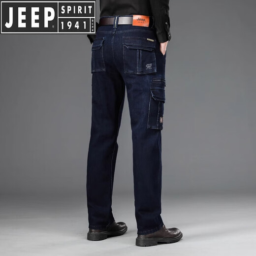 JEEP SPIRIT吉普春秋季厚款多口袋牛仔裤男士户外工装裤宽松直筒牛仔长裤子 深蓝色 J9921 33