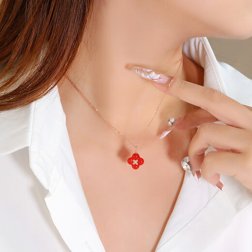 Chiba Jewelry 18k gold diamond agate pendant 3D hard gold four-leaf clover necklace birthday gift