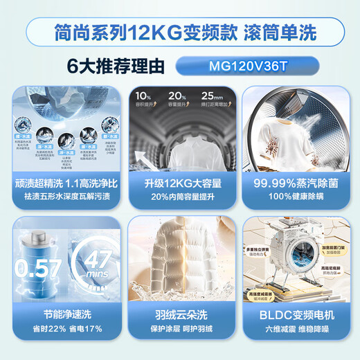 Midea Jian Shang drum washing machine, fully automatic, 12kg large capacity, 1.1 high washing ratio, sterilization and mite removal, ultra-thin MG120V36T, trade-in, national subsidy