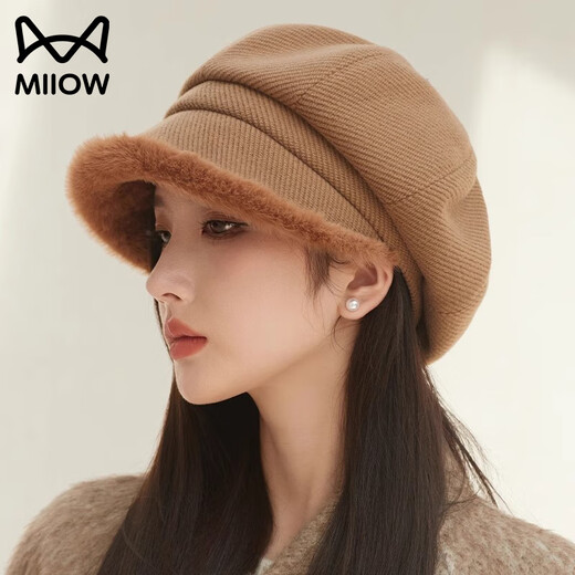 Catman Hat Women's Autumn and Winter Thickened Warm Ear-Proofing Beret Fashionable and Versatile Winter Octagonal Women's Hat Literary Showing Face Small Khaki One Size