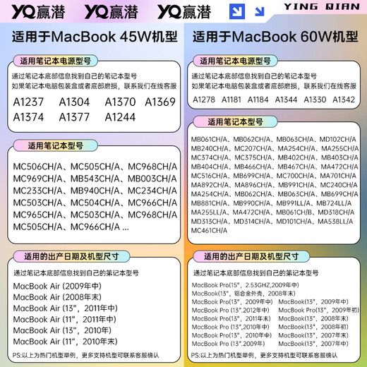 赢潜适配苹果笔记本电脑充电器45W/60W氮化镓电源适配器MacBookair/pro A1369 A1370  A1304A1278A1181