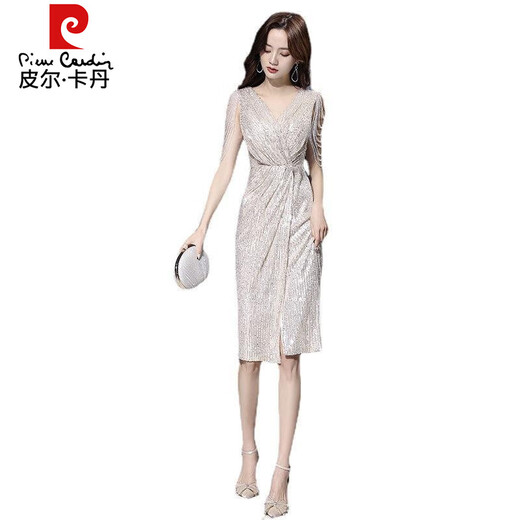 皮尔卡丹（pierre cardin）2025春季新款香槟色小晚礼服裙名媛气质宴会主持人连衣裙平时可穿 浅香槟色 XL