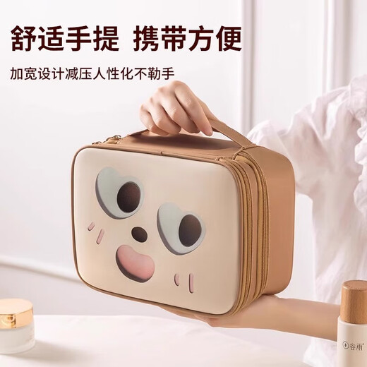 Cartoon Pu Waterproof Cosmetic Bag Travel Portable Large Capacity Toiletries Bag Portable Toiletries Cosmetic Storage Bag Brown Color-Single Layer Large Capacity/Partitioned Storage