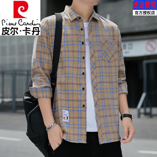 Pierre Cardin 2025 spring and autumn pure cotton shirt men's long-sleeved youth plaid cotton non-iron shirt trendy brand loose casual jacket 2111 green and yellow plaid recommended 125-145Jin Jin equals 0.5 kg XL