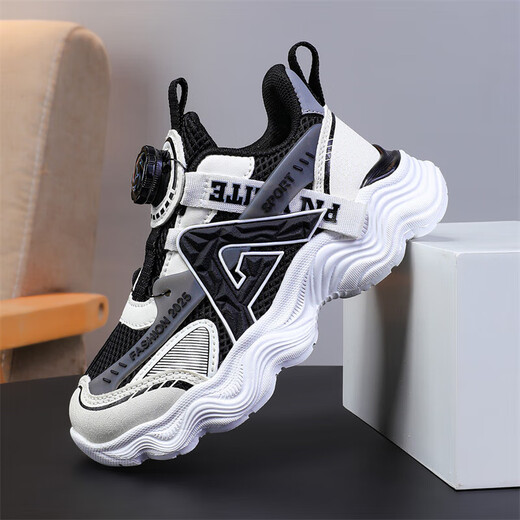 Kinderschuhe für Jungen- und Mädchenschuhe für atmungsaktive Sommer-Netze mittelgroße Kinder Jungen Running Schuhe Nicht-Schlupf-Sportschuhe Schwarz und Weiß (Sommernetz) 683 29 Innere Länge 18,5 cm