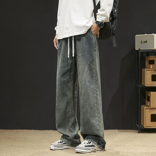 Foss Phil American fashion brand scimitar jeans men's summer thin straight-leg loose high street casual sports wide-leg pants Fashion brand 718-K760 nostalgic blue regular M [Suggested 110-130Jin [Jin equals 0.5 kg]]