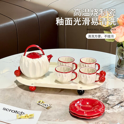 Zunmousse ceramic water set, household high-looking living room hospitality cup, teapot, kettle, housewarming gift, new home gift, pleated cup and pot set, 1 pot, 4 cups, 4 dishes, 1 tray