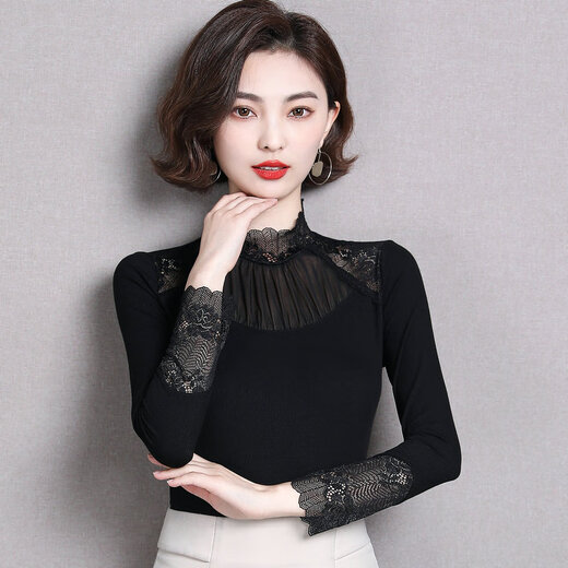 2025年新款春装长袖蕾丝打底衫莫代尔女气质内搭上衣显瘦洋气小衫 7027黑 波点多边形领长袖 均码 （90斤-130斤）