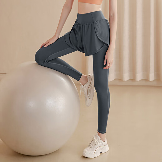 Victoria Traveller Yoga Hosen Frauen Fitnesshosen laufen schnelle Trockensporthosen hoher Taille gefälschte zweiteilige Anti-Awkward-enge Hose grau l