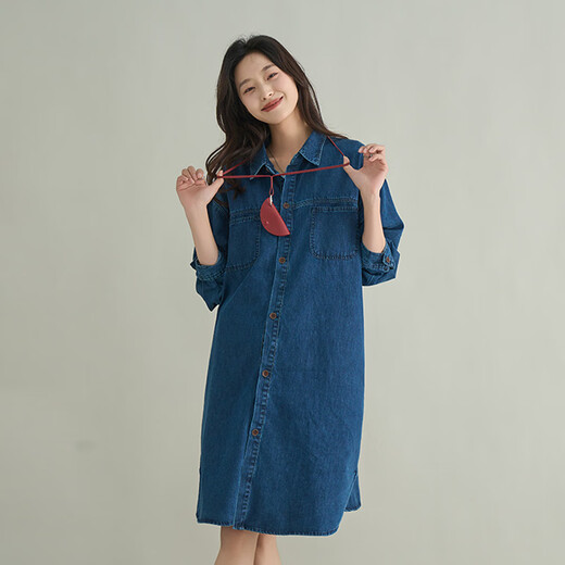 October Mommy Maternity Denim Skirt 2025 Spring and Autumn Retro Washed Denim Shirt Korean Style Loose Casual Mid-Length Maternity Skirt Dark Blue One Size (L size recommended 160Jin Jin is equal to less than 0.5kg)