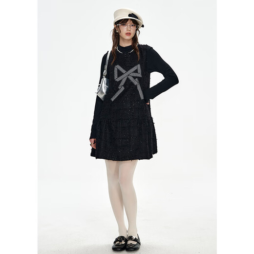 Fairy's Pocket Fragrance Style Black Fine Glitter Dress Suit for Women 2024 Winter New Style with Slimming Little Black Skirt Bow Black M