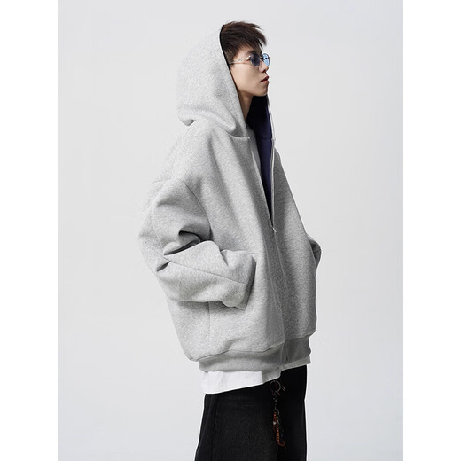 Heavy zipper cardigan sweatshirt for men and women in autumn American loose couple hoodie vibe high street casual hooded jacket gray 400g contrasting color single-sided cardigan sweatshirt 2XL recommended 145-165Jin Jin equals 0.5 kg