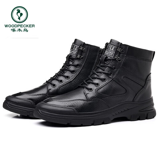 Holzspecker Herren Winterstiefel High-Top-Schneestiefel Herren-verdickte Lederschuhschuhe Nordost warmes Schafslederfell integrierte Männerschuhe 13592 Schwarz (Wolle integriert) 38