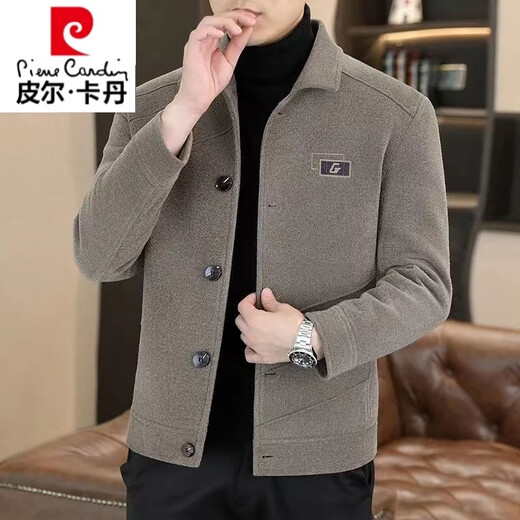 皮尔卡丹高档时尚潮流新男士呢子外套秋冬季新款秋冬毛呢大衣休闲翻领夹克 9858[黑色] M