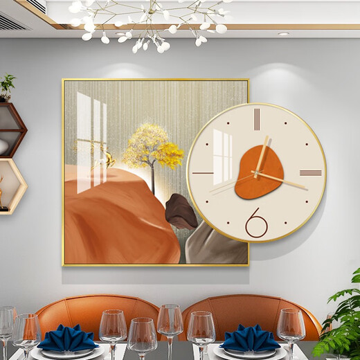 现代轻奢餐厅背景墙带钟晶瓷装饰画抽象大气饭厅组合挂画卧室壁画 TXMG12596 60*60cm+圆直径40cm总长80高雅