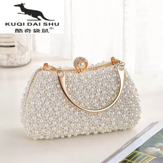 Kuqi Kangaroo KQ Celebrity Dinner Bag Pearl Clutch Women's Handbag with Cheongsam Banquet Handbag Evening Dress Handbag Beige