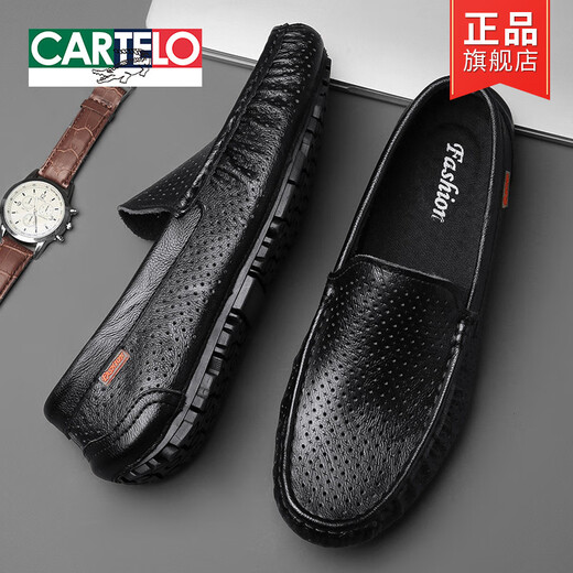 Cartelo Herrenschuhe Frühlings- und Herbst neue Herren Beanie Schuhe Herren echtes Leder Soft Sohle Faulpelschuhe Jugendlederschuhe 9901 Schwarz (Loch) 41