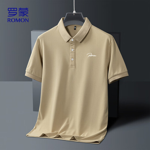Romon kurzärmeligte T-Shirt für Herren Summer Business Casual Atmable Polo Kragen Basishemd Top für Männer BL86 Khaki XL