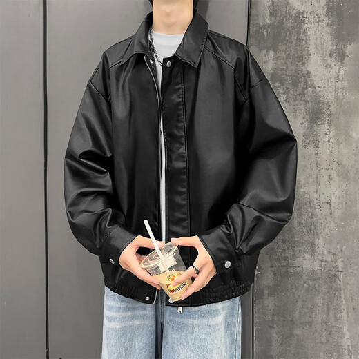 SWAMP AREA皮衣纯色男春秋季嘻哈外套上衣美式复古机车风夹克 SWC99黑色  L 