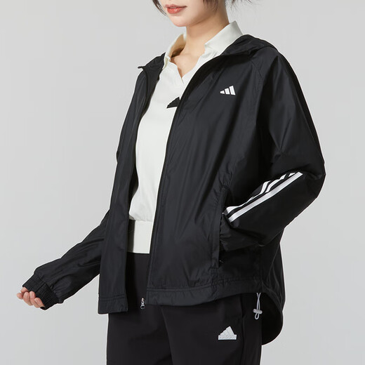 阿迪达斯（adidas）三条纹运动套装女2025春夏季新款户外防风梭织连帽夹克外套直筒裤 IS8036+JE1306 L