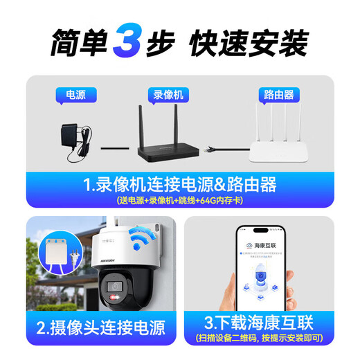 海康威视无线wifi手机远程监控家商用室内外360°PT云台全彩夜视对讲摄像头 1路【双光夜视+语音对讲】 无线录像机+标配内存卡 400万像素/4MP