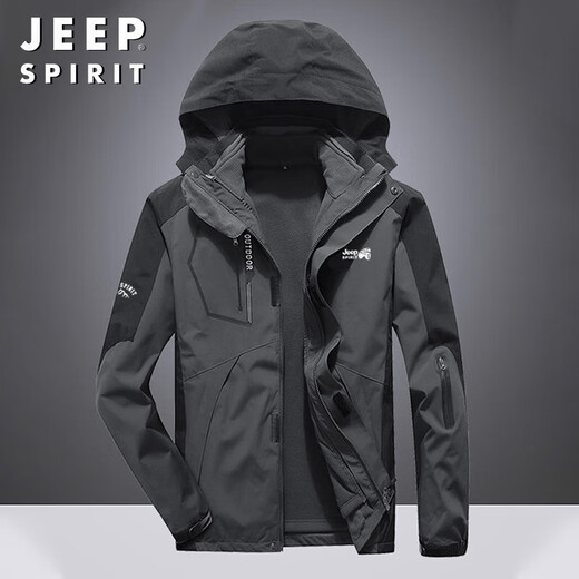 JEEP SPIRIT Jeep Jacket Men's Spring and Autumn Jacket Windproof and Waterproof Three-in-One Mountaineering Suit Black Gray 4XL