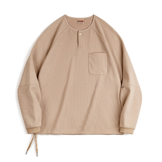 Madden Workwear American Retro Waffle Knit Henley Shirt Men's Autumn Loose Raglan Half Placket Pullover Long Sleeve T-shirt Milk Brown L