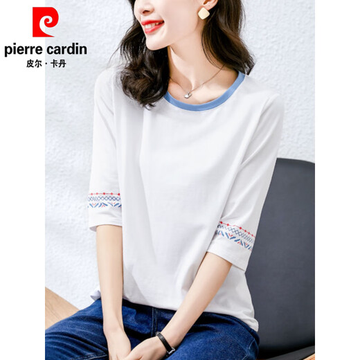 皮尔卡丹（pierre cardin）2025新款春秋纯·棉七分袖t恤女士中袖宽松设计感青春短袖夏季上 W6172冰蓝 中袖 M (建议80-105斤)