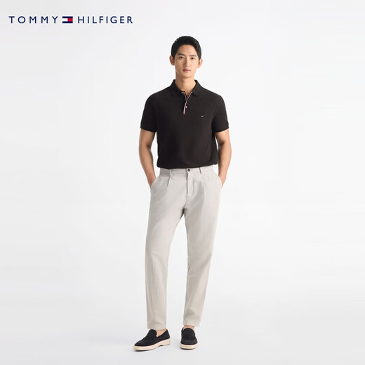 TOMMY HILFIGER breathable and comfortable spring and summer men's pique mesh contrast placket business casual short-sleeved T-shirt POLO obsidian black BDS M (recommended 135-150Jin Jin equals 0.5kg)