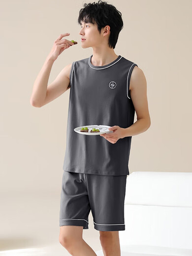 Pyjamas Herren Sommer Reine Baumwollhülsenweste Sommer Teenager Großgröße Dünne Freizeitkleidung für Herren, Set Ydy13657 XL Code (empfohlen 120-140jin [Jin gleich 0,5 kg]) Gleiche Größe