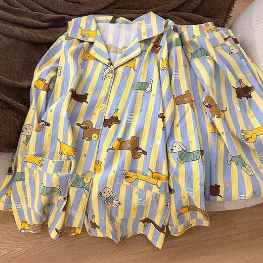Wanmanduo Internet Promi Cartoon Dachshund Hund Pyjamas für Frauen im Frühling und Herbst langärmelte 2025 neue süße und niedliche Streifen-Strickjacke Hauskleidung 9274# Doppelte lang gestreifte Kaninchen M 75-100jin [Jin gleich 0,5 kg]