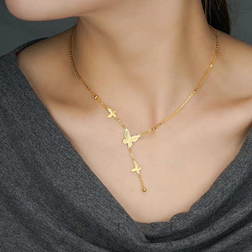 Junbu Hong Kong gold bow tassel clavicle necklace 999 pure gold pendant as a birthday gift for girlfriend Butterfly set chain 1 gram gold 5D hard gold + tungsten core