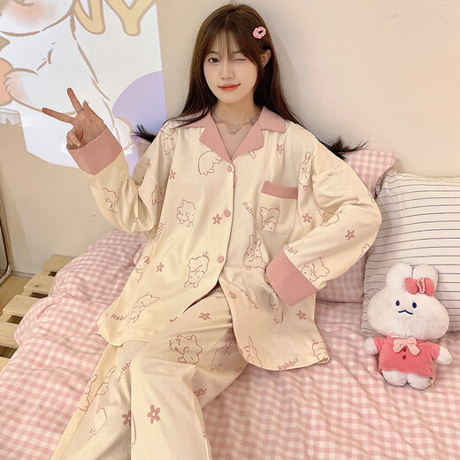 Leichte Yilinju-Pyjamas für Frauen im Frühjahr und Herbst Baumwolle langärmelige Strickjacke japanische süße Linie Kaninchen einfache Style Anzug Sommer Hauskleidung 6169 Smile Rabbit M.