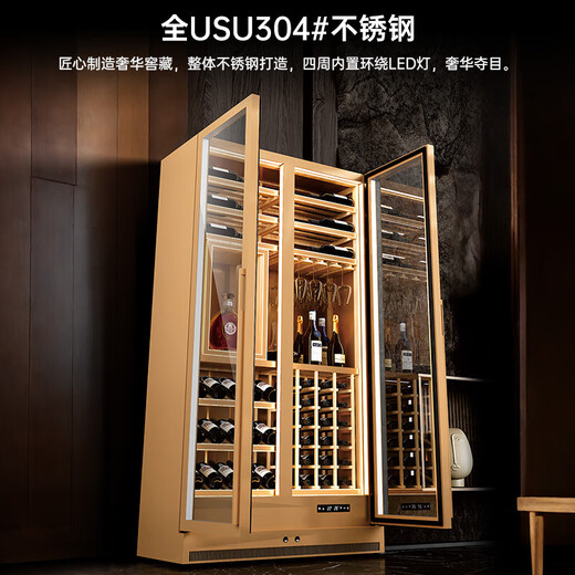 Qielong 808W red wine cabinet double-door constant temperature moisturizing ultra-thin insertable air-cooled frost-free compressor wine cabinet office home liquor and wine refrigerated display 808W obsidian black + beech wood shelf + stainless steel cabinet