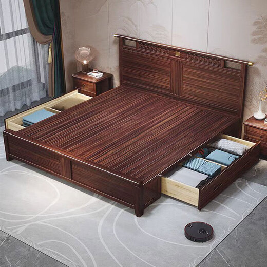 Yuyang Bett Neues chinesisches Stil schwarzes Goldmassivholzbett 1,8 m 2 m Doppelbett Schlafzimmermöbel Hochzeitsbett 9901c# High Box Bett + Latex braune Matte [bequem und atmungsaktiv] 1,8*2,0 m [Stummbett)