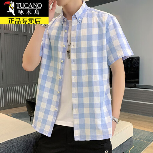 啄木鸟（TUCANO）短袖衬衫男士夏季格子休闲衬衣外套男潮流百搭五分袖上衣服男装 DC653灰色 M