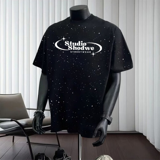 Jinrenchu 2025 Été Nouveau American Star T-shirt lourd à manches courtes Ins Ins Round Round Col Top polyvalent M7 Black à manches courtes 733 S