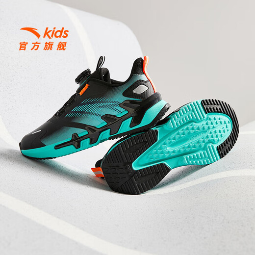 ANTA Children's Sports Shoes Men's Big Children's Shoes 2025 Spring New Leather Windproof Knob Button Cushioning Bow Speed ​​Running Shoes Black/Fluorescent Aqua-2 Size 33