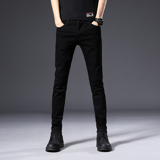 ROMON high-end pure black jeans for men in summer thin slim fit and slim 9-point pants trendy casual pants for men 902 black regular size 31 waist circumference 2 feet 4 suitable for around 120-130 Jin [Jin equals 0.5 kg]