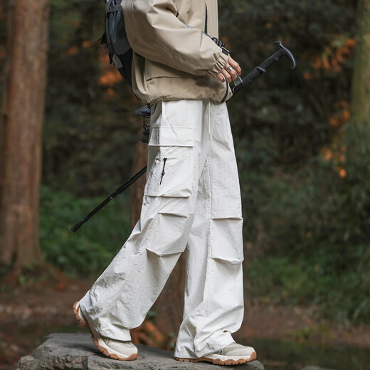SWAMP AREA伞兵冲锋裤男春夏薄款褶皱登山裤直筒运动休闲冰丝裤WS701米白色L