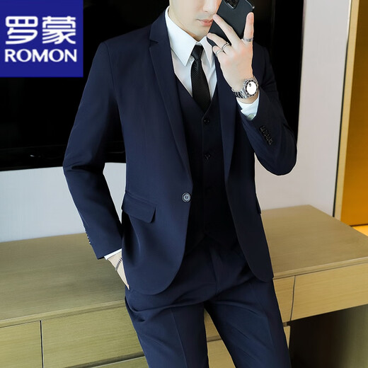 ROMON suit men's casual Korean style business professional formal three-piece suit slim fit wedding groomsmen and groom suit jacket two-button navy single suit jacket 3XL