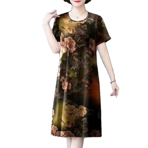 xcfreht summer dress worn by fat middle-aged mothers and fat women in summer mid-length dress mothers wear ice silk dress new style large 7027# red one size M suggests 100Jin [Jin equals 0.5 kg] or less