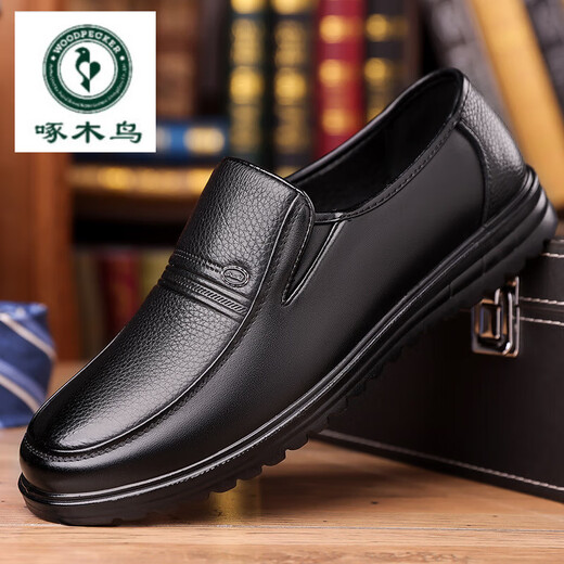 Woodpecker leather shoes men's spring and autumn new slip-on men's business casual shoes soft sole round toe middle-aged and elderly dad shoes Baita black 40