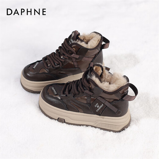 达芙妮雪地靴女鞋2025新款秋冬大棉鞋加绒加厚保暖厚底休闲运动老爹鞋女 咖色 【5.0CM】 37