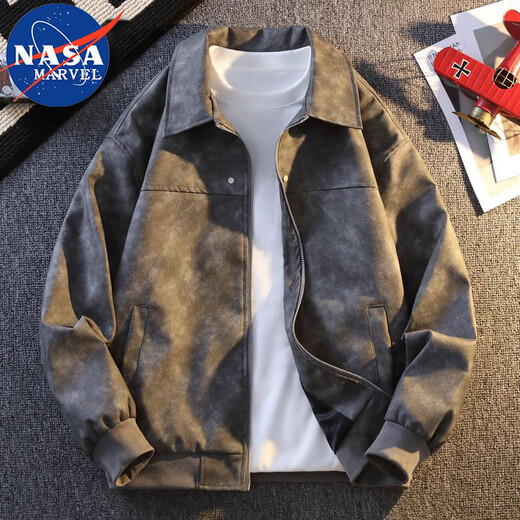 Nasa Marvel Jacke Frühling und Herbst Herren neue Lederjacke Lose lässig vielseitig schwarz grau l