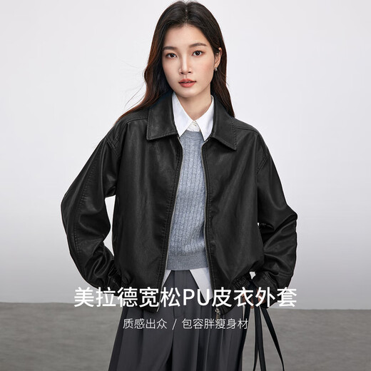 Shandubila Urban Commuting PU Leather Jacket Women's Spring Loose Slim Jacket Lapel Motorcycle Jacket Black M